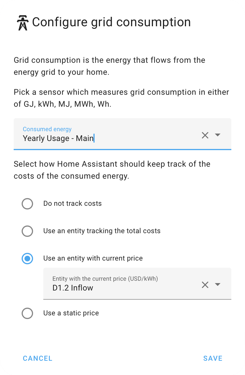 Home Assistant Energy Dashboard Grid Consumption Configuration showing use an entity with current price with the D1.2 Inflow entity selected